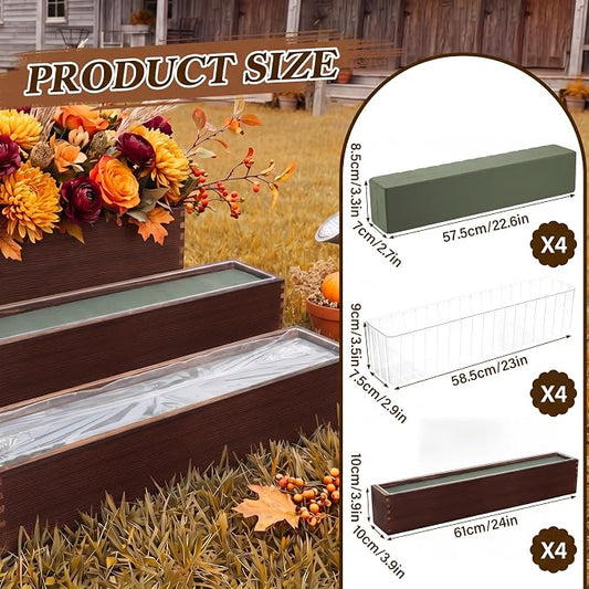 Sintuff 4 Set Rectangle Wooden Planters, 24 x 4 Inch Wood Boxes with Removable Plastic Liner & Floral Foam Blocks, Rustic Wood Planter for DIY Centerpieces Home Wedding Garden Bookshelf Decor (Brown)
