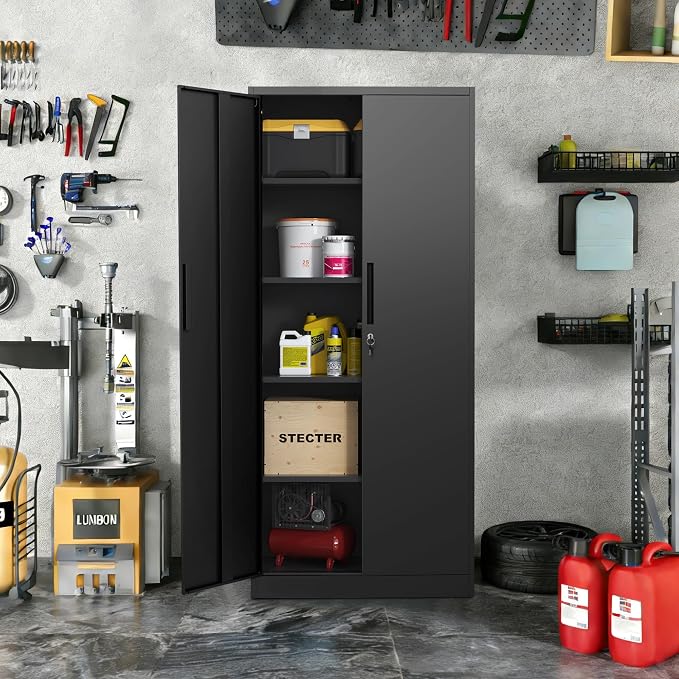 Metal Storage Cabinet with 2 Doors and 4 Shelves, 71" H Metal Cabinet with Lock, Steel Locking File Cabinet, Lockable Storage Cabinet, Tool Cabinet for Home, Office,Garage, School, Black
