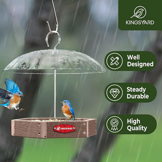 Kingsyard Large Platform Bird Feeder Outdoor Hanging, Adjustable Dome Squirrel Proof Rain Cover, Metal Mesh Tray Recycled Plastic Wild Bird Seed Feeding Station, Brown