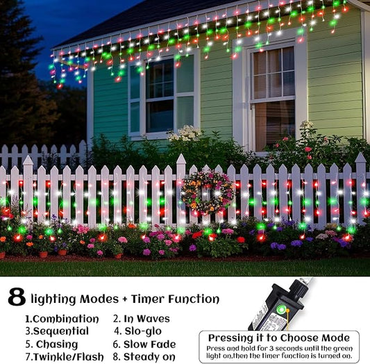 66ft Icicle Lights for Outside, Red White and Green Christmas Lights Outdoor Indoor, 640 LED Twinkle String Light with 120 Drops, Clear Wire Connectable Timer for Thanksgiving Room Home Wall Bedroom