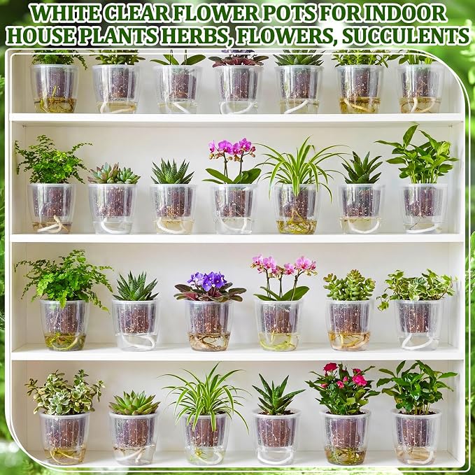 18 Pcs Self Watering Pots 4.3 Inch Plastic Flower Plant Pot with Inner Pot Self Watering Wick Planter White Clear Flower Pots for Indoor House Plants Herbs, Flowers, Succulents (Transparent)