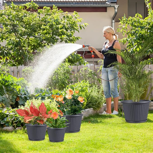 12-inch-Planters-for-Outdoor-Plant,Plastic Indoor Flower Pots with Drainage Holes & Saucer, 4 Packs Decorative Garden Pots for Plantfor Home Porch Decor
