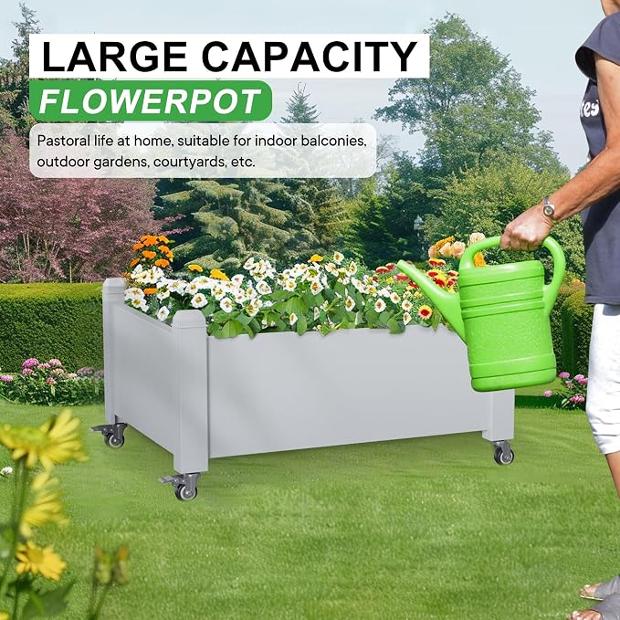PatioZen Raised Garden Bed, 14 Gallon Self-Watering Raised Planter Box with Drainage Plug & Gauge and Wheels for Vegetables Flowers Herbs Succulents, Resin for Backyard Patio Porch