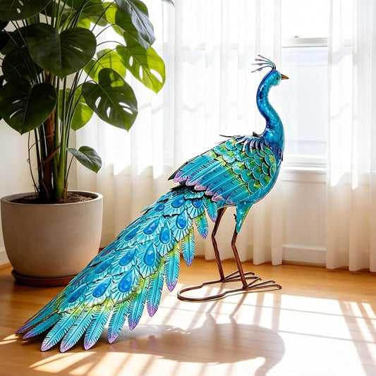 31" L Metal Peacock Garden Statue, Handcrafted Walking Peacock Large Outdoor Yard Art Decor with Iridescent Blue & Green Finish & Ground Stakes, Lifelike Sculpture for Garden Lawn Flowerbed