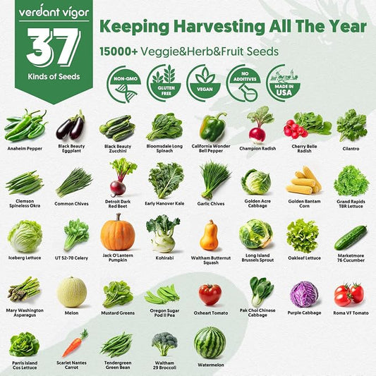 37 Varieties Vegetable Seeds Kit, 20,000+ Non-GMO USA Sourced Heirloom Seeds for All Seasons Planting, Easy for Indoor Outdoor Gardening