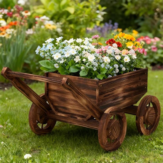 Wooden Flower Cart with Wheels Wooden Wagon Planter Outdoor Garden Planter Decor Planter Kit for Patio Balcony Trolley Decoration Succulent Flower Pot, Indoor Backyard Balcon Decor(Small)