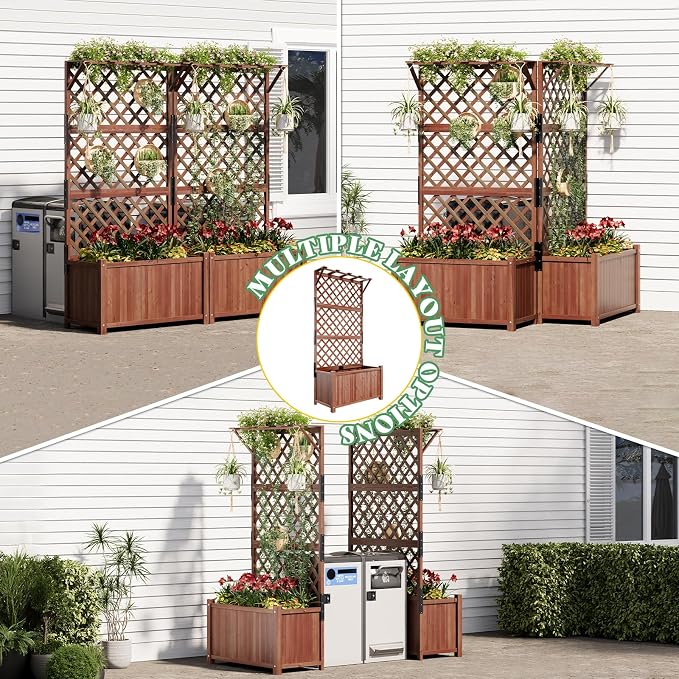 AMERLIFE 2 Pack Raised Garden Bed with Trellis for Vegetables, Climbing Plants, Durable Natural Wood Planter Box with Drainage Holes, Privacy Planter for Outdoor Yard & Patio, Easy Assembly
