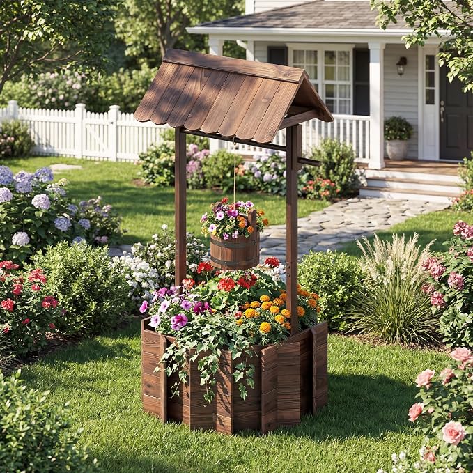 HAPPYGRILL Wooden Wishing Well Planter with Hanging Bucket, Flower Plants Planter, Outdoor Wishing Wells for Yard,Wishing Well Planters for Outside, Home Decor