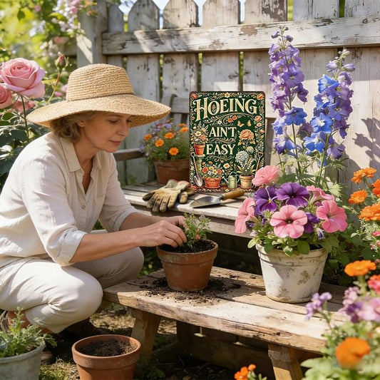 Gardening Gifts For Women Vintage Garden Decor For Outside Greenhouse Backyard Patio Yard Hoeing Ain't Easy Gardening Signs For Outside Metal Wall Decor Plant Lovers Gifts For Mom Wife Her Grandma