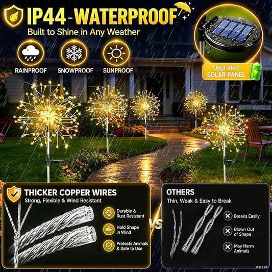 suddus Solar Garden Lights Outdoor Waterproof Decorative, 2Pack 150LED Firework Lights, Solar Fairy Lights for Yard, Garden, Party, Patio, Pathway, Flowerbed - Warm White