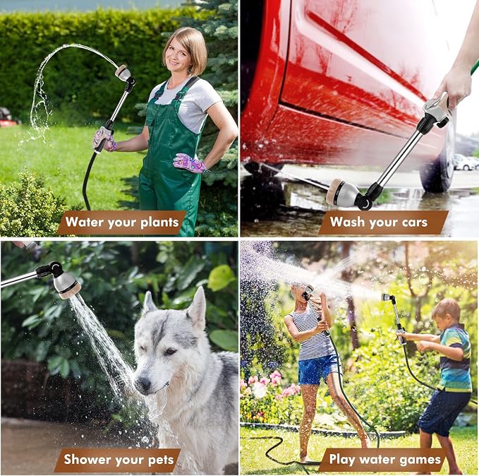 RESTMO Heavy Duty Metal Hose Wand, Watering Wand for Garden Hose | 180° Swivel Ratcheting Head, 16'' Hose Sprayer, 7 Spray Patterns, Flow Control, Ideal for Hanging Baskets & Shrubs, Gold