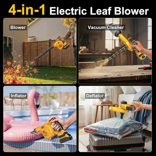 DeForce Electric Leaf Blower Cordless for Dewalt Battery, 4 in 1 Blower/Vacuum/Inflator/Deflator, 3 Speed Modes, 190 MPH, 3 Nozzles, 2 Tubes, Battery Powered Blowers for Lawn Care(No Battery)