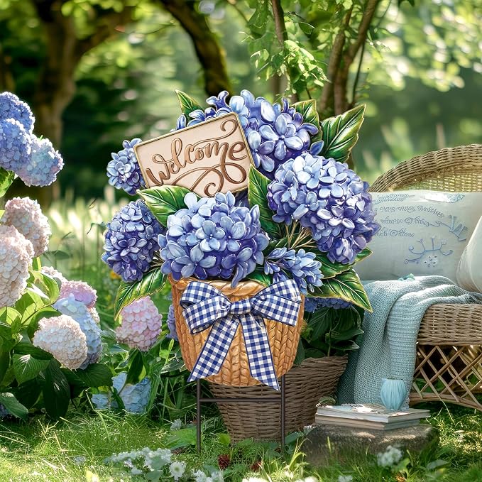 Amyhill Summer Outdoor Decor Hydrangea Metal Garden Stakes 25 Inch Decorative Hydrangea Yard Signs with Stakes Waterproof Floral Lawn Sign Welcome Outdoor Decorations for Patio Porch Lawn Backyard