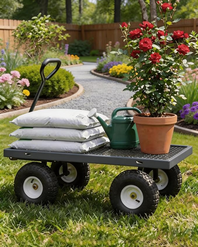 GarveeTech 800LBS Heavy Duty Steel Garden Cart, Garden Wagon Cart on Wheels, Metal Yard Utility Wagon with Removable Mesh Sides, 10" All Terrain Tires, 180° Rotating Handle for Lawn, Garden, Farm