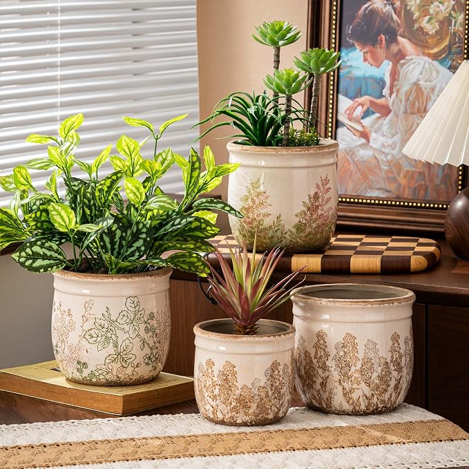 SURE YUESI Ceramic Plant Pots Set of 2, 4.7+5.7 Inch Vintage Indoor Planters with Drainage Hole, Farmhouse Ceramic Flower Pots for Indoor Plants, Rustic Cottage Decor for Home Kitchen Garden, Brown
