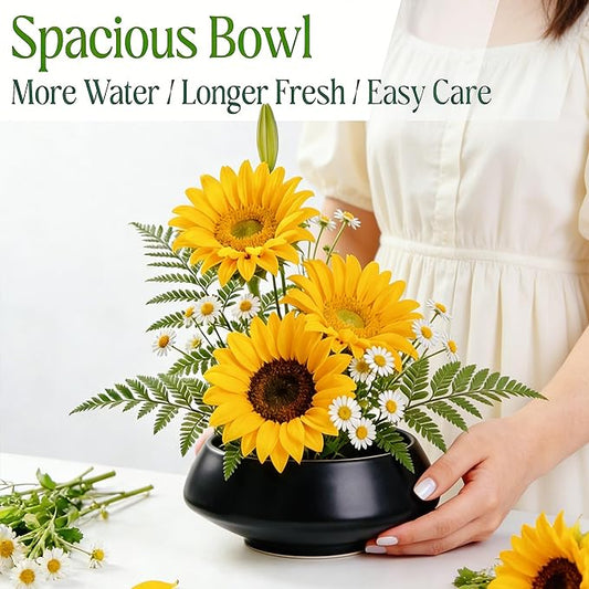 Ceramic Flower Pot Flower Arrangement Set Japanese Ikebana Floral Art Supplies Handmade Flower Bowl Decorative Flower Vase for Centerpieces (Small Black)