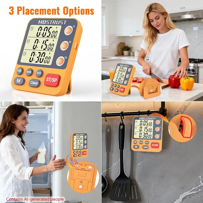 Digital Dual Kitchen Timer, 3 Channels Countdown Triple Timer for Cooking, Magnetic Memory-Preset Large Display Adjustable Alarm Volume, Multi Times Management, 3A Battery Included, Orange