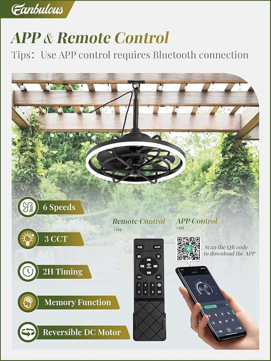 Fanbulous Outdoor Ceiling Fans with Light for Patios, 20" Weatherproof Plug in Ceiling Fan, Gazebo Fan Remote&APP Control, 3CCT Dimmable,Caged Ceiling Fan with Hanging Hook for Porch, Pergola,Canopy