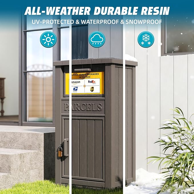LHBGO Package Delivery Box with Sign, Lockable & Weatherproof Anti-Theft Parcel Delivery Box for Porch, Curbside, Patio,Gray