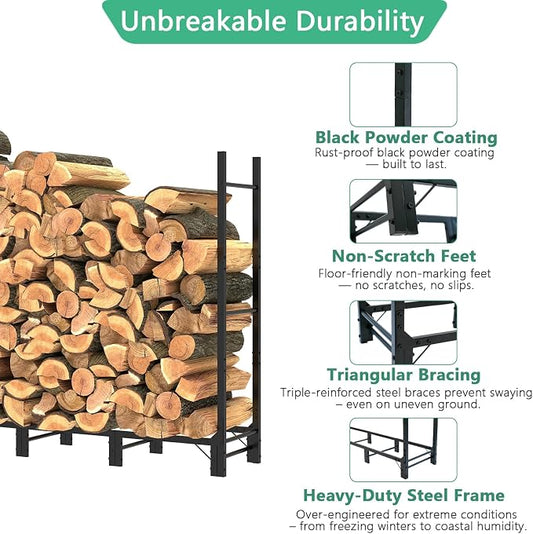 Helios&Hestia 4Ft Outdoor Firewood Rack for Fireplace, Heavy Duty Steel Log Holder, Indoor Wood Pile Storage Organizer, Adjustable Stacker Stand, Black