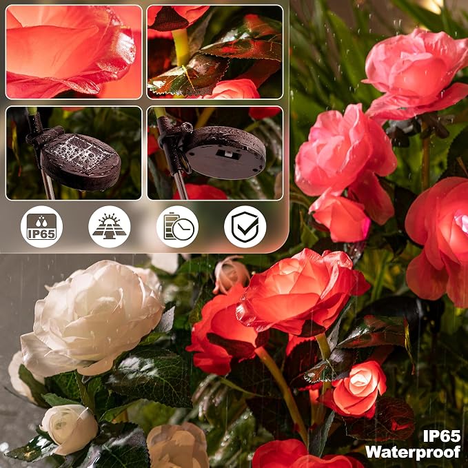 Anordsem Solar Garden Lights Outdoor: 10 Waterproof Fabric Roses 2 Pack - Red LED Flower Decorations for Yard Patio Path Cemetery Grave - Mother 's Day Gift for Her Women Mom Wife