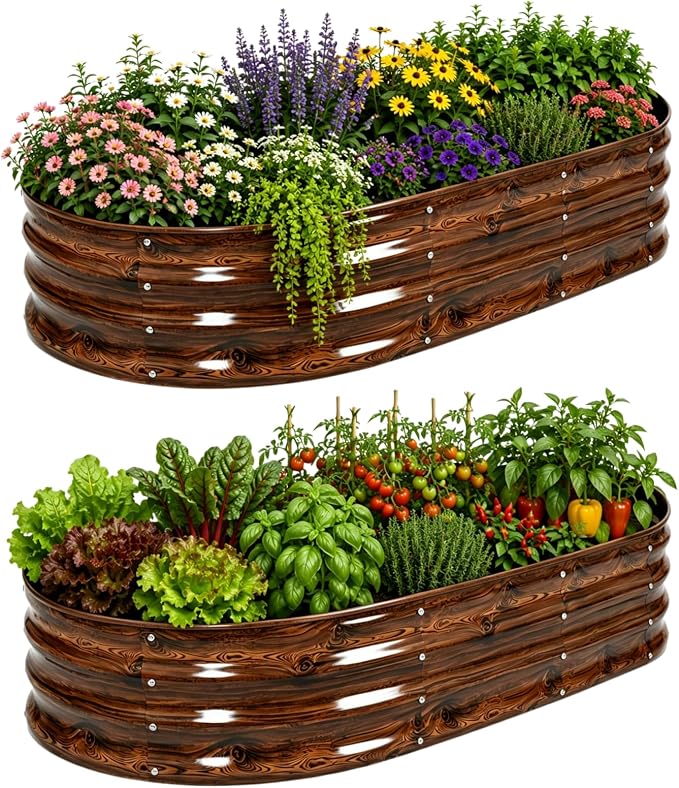 2 Pack 4x2x1 FT Galvanized Raised Garden Bed Kit, 12-Inch Deep Oval Metal Planter Boxes, Rust-Resistant Deep Root Planters for Outdoor Vegetables, Flowers, Herbs, Strawberry, tomatoes, Wood Grain