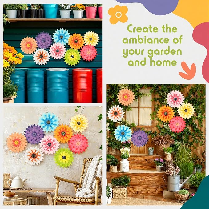 Zhehao 9 Pcs Metal Flower Wall Art Hanging 3D Daisy Decor Metal Flowers Outdoor Decor Multicolored Layered Floral Sunflower Wall Decorations for Home Garden Porch Patio(Bright Color,6 Inch)