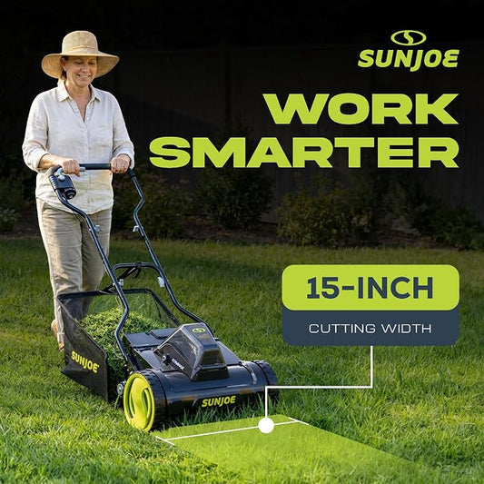 Sun Joe Cordless Electric Push Lawn Mower with 11.9-Gal Bag, 15-Inch Cutting Width, 360W Motor - Heavy-Duty Yard Trimmer for Gardening Care and Maintenance, IONMAX 24V-CRLM15