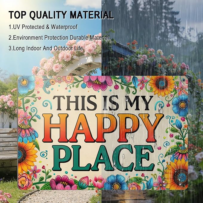 Funny Garden Wall Art Decor This Is My Happy Place Tin Sign | Gardening Gifts for Women Plant Lovers Garden Patio She Shed Fence Decor Metal Welcome Sign 12x8 Inch Weather-proof Aluminum