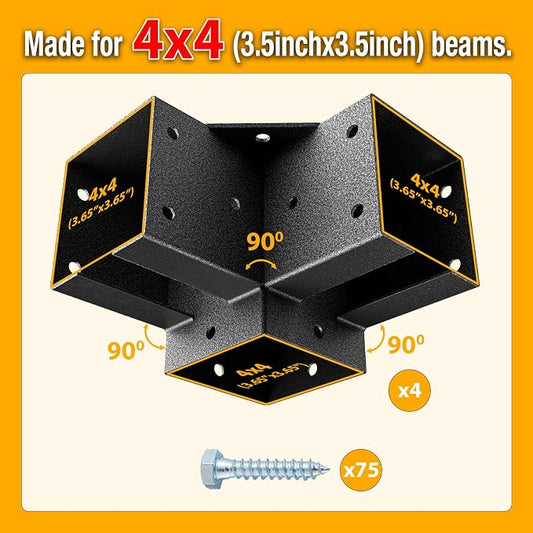 3-Way Pergola Brackets, 4"x4" Pergola Kit, Pergola Corner Bracket for Gazebos, Patio Pergolas, Log Cabin, Wooden Beams (4PCS)