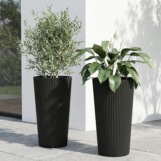 24" Black Outdoor Planter Set of 2, Tall Planters for Outdoor Plants with Drainage Hole, Large Flower Pots for Indoor Plants, Front Porch Decor/Patio, Plastic Striped