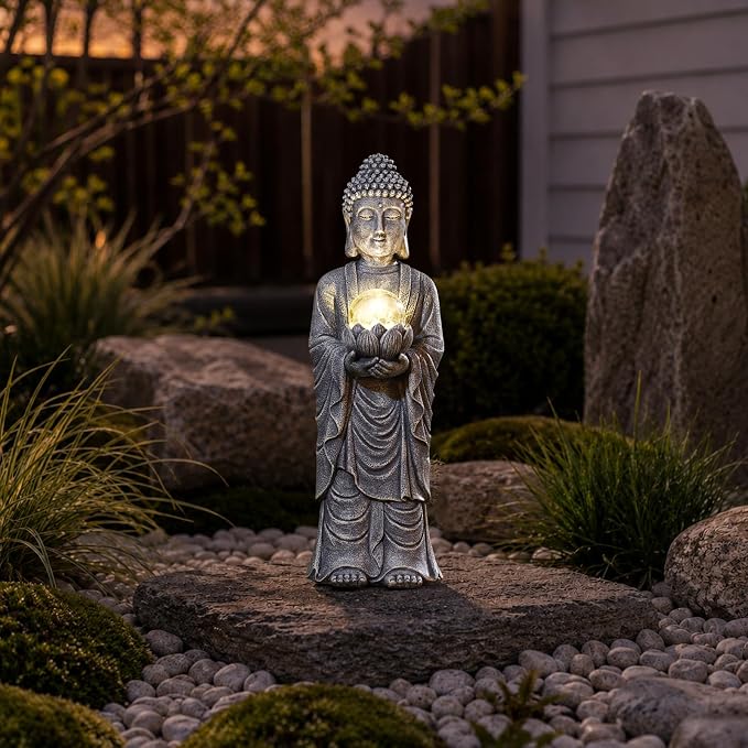 Goodeco Buddha Statue with Solar Lotus – 18.2 Inch Tall Large Garden Buddha Statue for Outside, Outdoor Zen Garden Statues