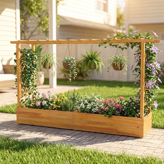 Happygrill 45" Raised Garden Bed with Trellis, Wood Planter Box w/Hanging Roof, 2 Side Trellises, Open-Ended Base for Flower, Climbing Plant, Plant Container for Garden