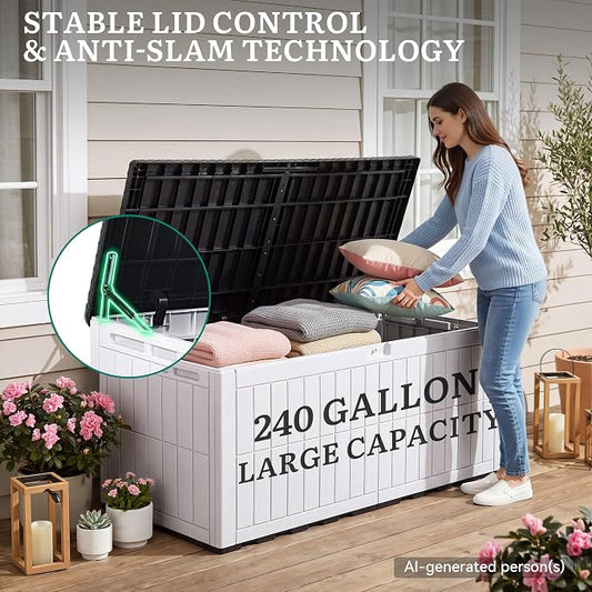 YITAHOME XXL 240 Gallon Extra Large Deck Box | Waterproof Resin Outdoor Storage Box w/Lock and 3-Person Bench Seating for Patio Furniture Cushions,Garden Tools & Pool