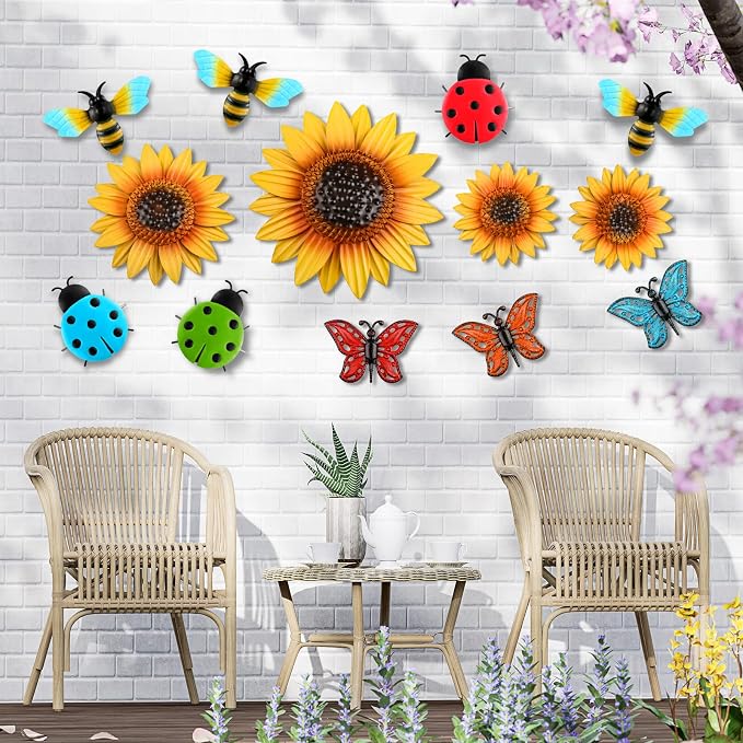 Sweetude 12 Pcs Metal Sunflower Wall Decor Colorful Metal Dragonfly Butterfly Outdoor Decor Garden Fence Patio Yard Flowers Wall Art Summer Flowers Hanging for Home VBS 2026(Novelty Style)
