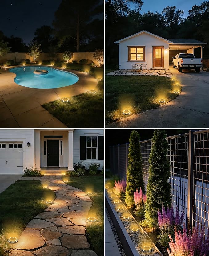 LOTMOS 30 Pack Solar Ground Lights Outdoor, 8 LED Solar Flat Lights IP68 Waterproof Disc Light, Landscape Lighting Solar Powered for Garden Yard Path Driveway Lawn Patio Walkway, Warm White