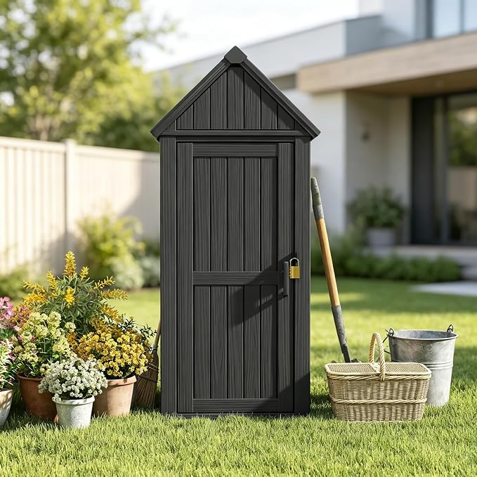 Bifanuo Deck Box Storage Shed Outdoor Storage Cabinet, Vertical Waterproof Resin Material Plastic Shed with Removable Shelves, 12 Hooks and Lock Ring for Garden, Pool and Patio (Black)