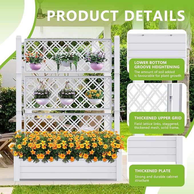 PatioZen Raised Garden Bed with Trellis for Climbing Plants, 43.43" L x 18.27" W x 59.29" H Planter Box with Self Watering Drainage Holes for Outdoor Backyard Patio Balcony, Anti-Rust Resin (Ashen)