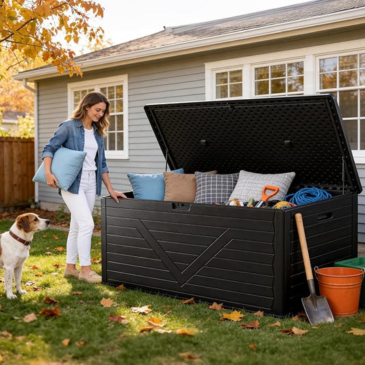 Outdoor Storage Box,260 Gallon Deck Box Outdoor Storage Bench Outside Waterproof Resin Storage Bench, Lockable Patio Cushions, Garden Tools Storage For Furniture, UV Resistant