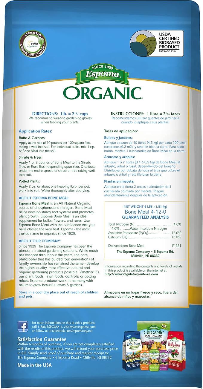 Espoma Organic Bone Meal Fertilizer 4-12-0. All-Natural Plant Food Source of Nitrogen and Phosphorus For Organic Gardening. For Bulbs & Other Flowering Plants. 4 lb. bag.