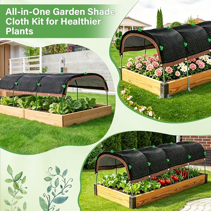 Garden Shade Cloth Kit 10x10FT, 50% Sunblock Garden Shade for Plants with 6 Sets Garden Hoops & Clips, UV Resistant Raised Bed Shade Cover for Outdoor Plants, Vegetables & Greenhouse
