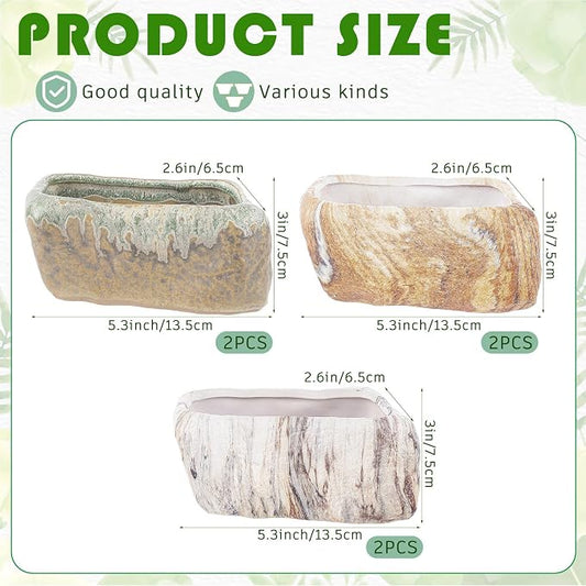 Blushtier 6 Pcs 5.3 Inch Ceramic Succulent Pots Stone Shape Bulk Rectangle Window Box Cactus Plant with Drainage Hole Succulent Planters Small Cactus Pots for Indoor Garden Office Table Decor Gift