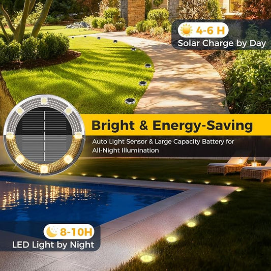 24 Pack Solar Ground Lights Outdoor, 8 LED Mini Flat Solar Disc Lights, IP65 Waterproof Pathway Lights Solar Powered, Landscape Lighting for Garden Walkway Driveway Yard Lawn,Warm White
