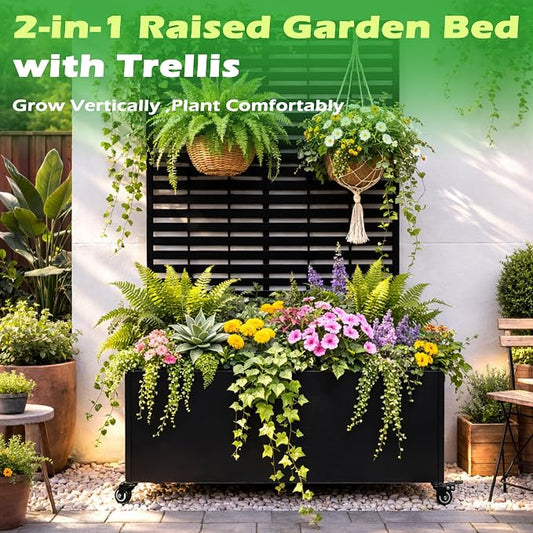 Metal Planter Box with Trellis, 43” L x 16” W x 71” H Raised Garden Bed with Wheels, Privacy Planters for Patio, Metal Planter Box with Drainage Holes, Black