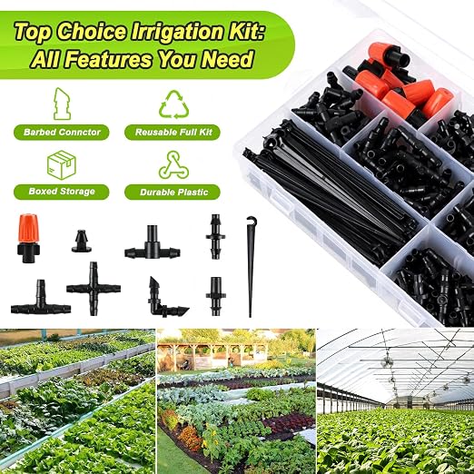 250 Pcs 1/4 Inch Drip Irrigation Fittings Kit, Complete Barbed Connectors Set for 1/4" Tubing - Includes Nozzles, Nozzle Tees, Single Barbs, Couplings, Tees, Elbows, Plugs, Crosses, Stakes