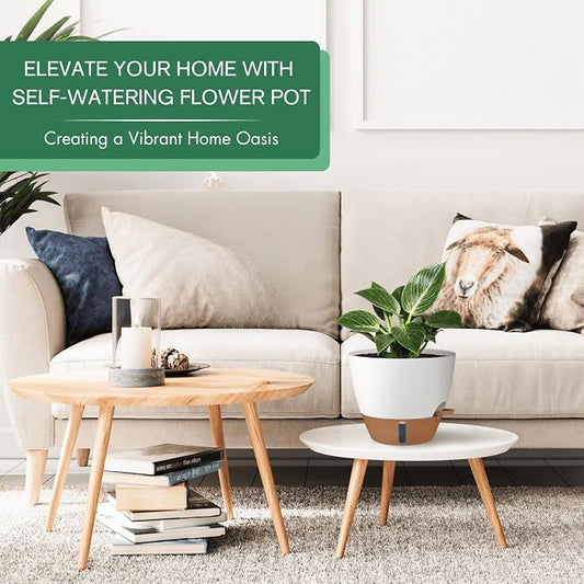 montresor 2 Pack 10 inch Plant Pots, PP Plastic Self Watering Plant Pot with Drainage and Tray for Indoor Outdoor Plants, Water Level Window & Reservoir Flower Pots Decorative Planter (White)