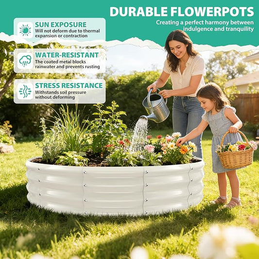 12 Inch Tall 60 Inch Diameter Round White Raised Garden Bed Kits Outdoor | 1 FT Tall,5 FT Planter Bed for Flowers,Herbs,Vegetables,Trees,0.8MM Thick Galvanized Metal Painted,with Gloves,Tool free