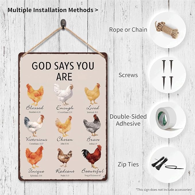 Christian Chicken Tin Sign Bible Verse 8x12 Inch, Watercolor Rooster “God Says You Are” Metal Wall Decor, Religious Encouragement Gift for Farmhouse, Kitchen, Garden, Coop and Chicken Lovers