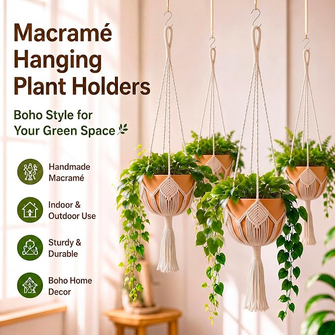 Shappy Boho Macrame Plant Hanger, Large Hanging Planter Plant Holder Pot Hanger Hanging Basket Wall Planters, Plants Lover Gift for Indoor Garden
