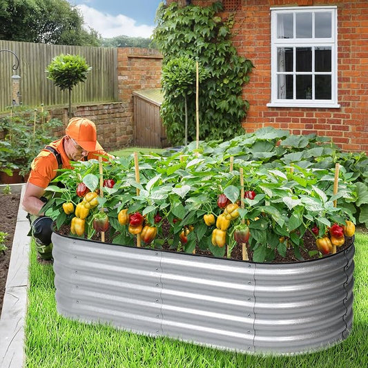 Aoodor 5 x 2 x 1.5 ft Oval Galvanized Raised Garden Bed Kit, 4-in-1 Large Metal Outdoor Planter Box for Vegetables, Flowers, and Herbs, 17" Tall, Silver